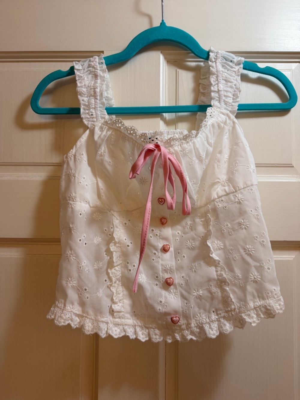 SHEIN White Eyelet Tank Top with Pink Ribbon